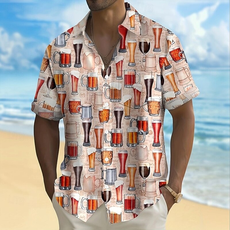 Men's Oktoberfest Beer Shirt Summer Shirt Button Up Shirt Short Sleeve Fashion Casual Outdoor Holiday Summer Spring Turndown 3D Print Collared Shirts Front One Pocket Yellow Pink