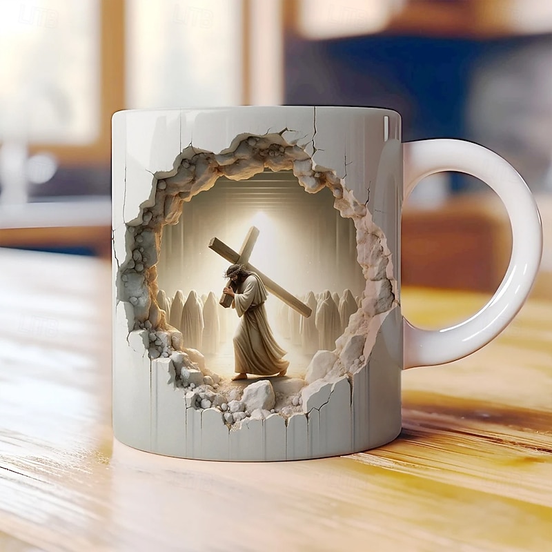 Jesus 3D Ceramic Coffee Mug 330ml/12oz, Christian Gift Cup Featuring Cross Carrying Disciple, Religious White Ceramic Mug for Prayer, Church, Easter, Faith Home Decor
