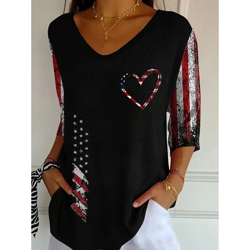 American Women's Blouse Floral Graphic Bohemia Vintage Tropical 3/4 Length Sleeve V Neck Regular Tops Daily Buttons Print Black Dusty Blue Light Blue Summer Spring