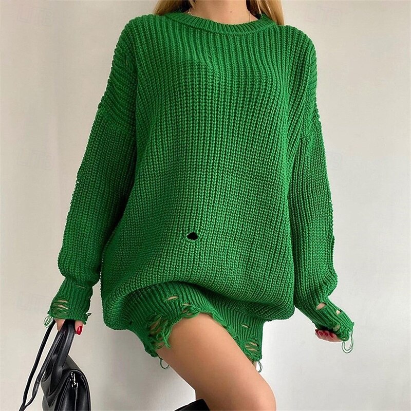 Women's Sweater Pullover Fashion Solid Color Ribbed Crew Neck Hollow Out Knitted Long Sleeve Long Tops Knit Outdoor Daily Holiday Black Fuchsia Fall3
