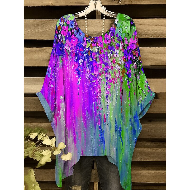 Women's Blouse Floral Graphic Elegant Vintage Daily Short Sleeve Batwing Sleeve Crew Neck Regular Tops Daily Holiday Vacation Wear Yellow Red Purple Green Summer Spring4