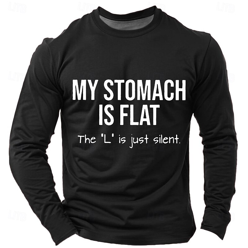 Men's Long Sleeve Graphic Shirt: Funny 'My Stomach Is Flat' Pun Wordplay Humor Design4