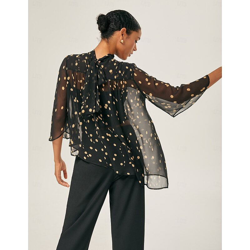 Black-Yellow Dot Asymmetric Chiffon Blouse2