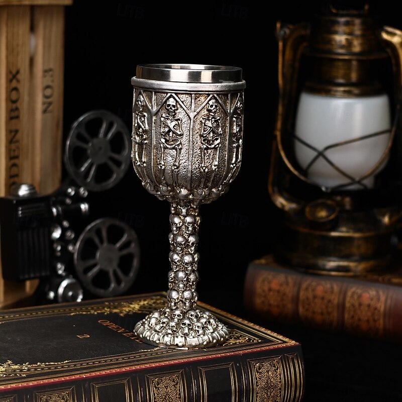 Halloween Skull Wine Goblet  Vintage 3D Skull Stemmed Glass Gothic Embossed Stainless Steel Red Wine Cup, Unique Halloween Party Decor & Gift Idea2