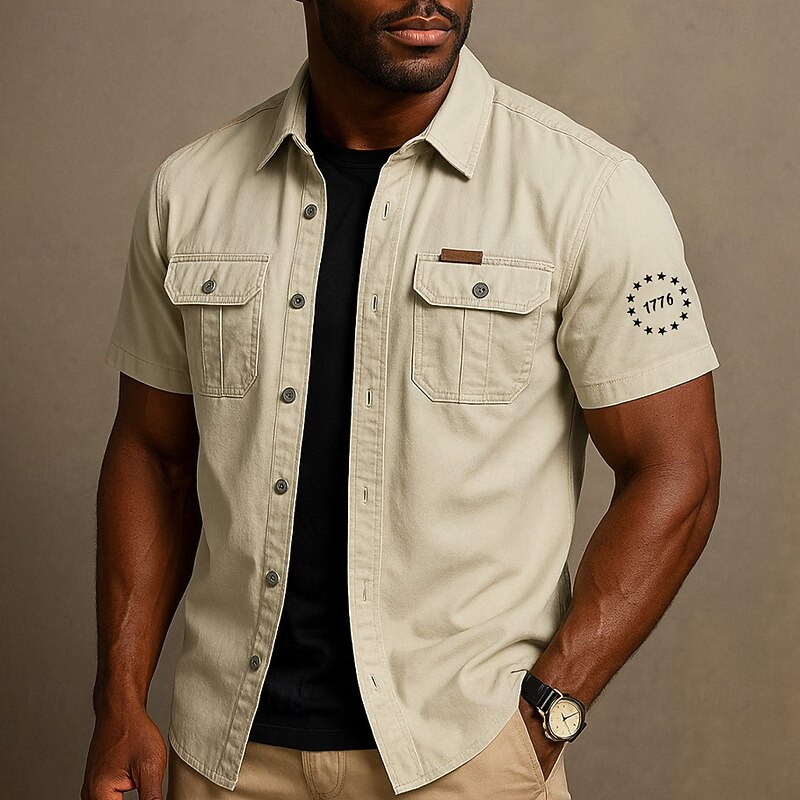 Independence Day Men's Patriotic 1776 Work Shirt Western Shirt Cargo Shirt Short Sleeve Casual Tactical Sports Outdoor Going out Summer Spring Turndown Graphic Cotton Button Up Shirts Army Green4