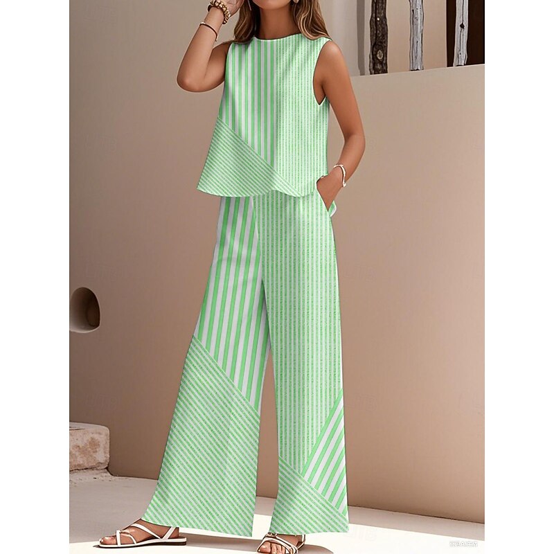 Women's Elegant Fashion Streetwear Two Piece Sets Blouse Vest Pants Trousers Sleeveless Crew Neck Outdoor Work Casual Striped Print Vacation Daily Holiday Pink Blue Green Summer Regular Fit3