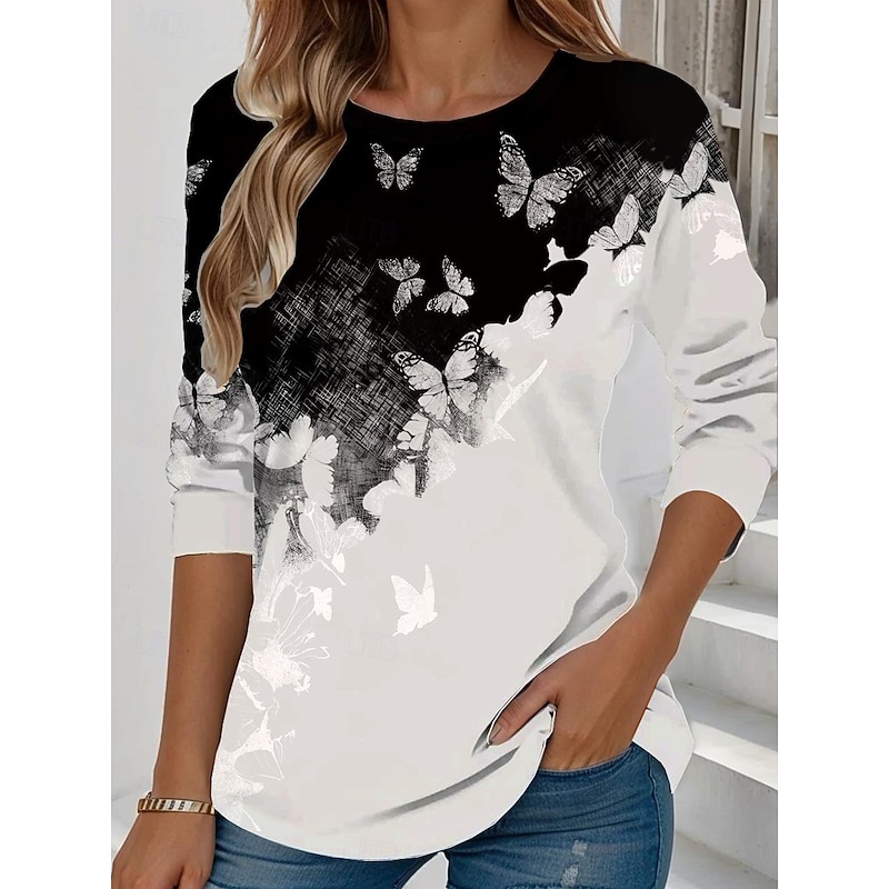 Women's T shirt Long Sleeve Crew Neck Long Sleeve Tunic Floral Elegant Cute Regular Tops Daily Going out Weekend Print Black Red Blue Purple Green Spring Fall Prefall2