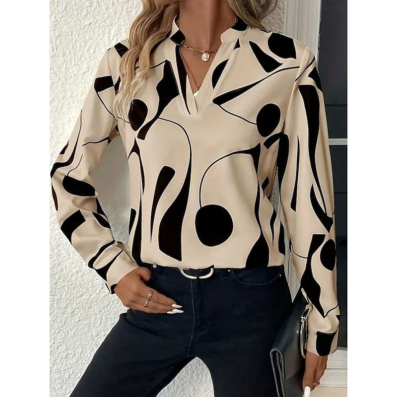 Women's Blouse Graphic Geometric Abstract Elegant Stylish Basic Long Sleeve High Neck Regular Tops Daily Holiday Black Khaki Spring Fall3