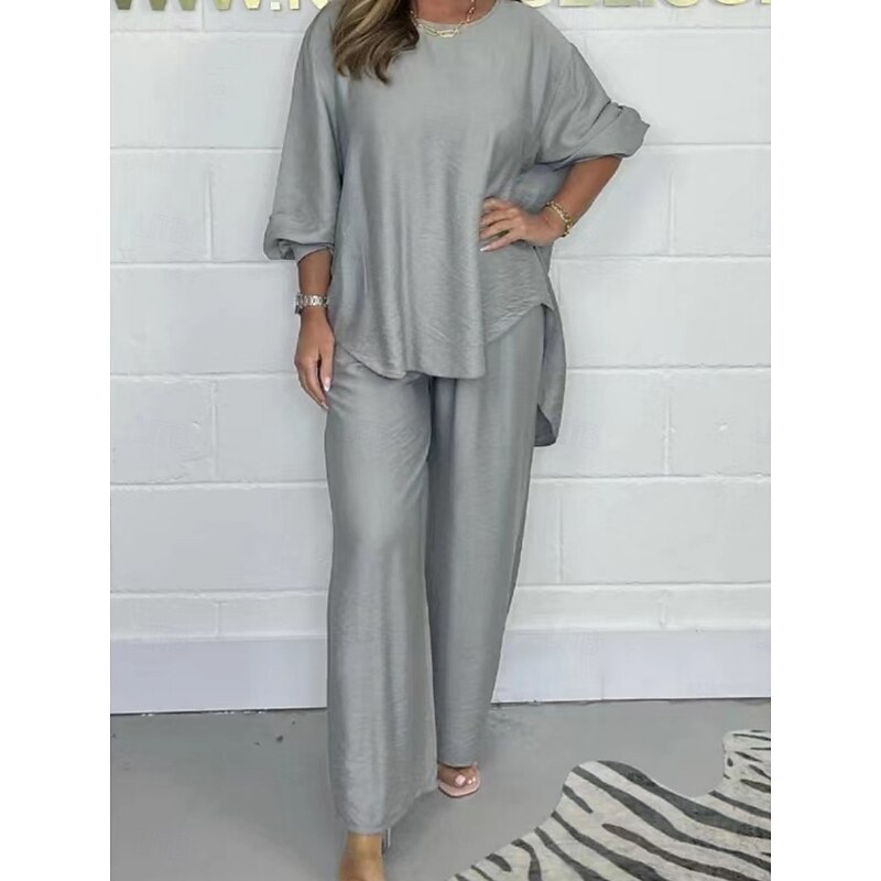 Women's Fashion Streetwear Daily Pants Sets Long Sleeve Crew Neck Solid Color Print Casual Daily Khaki Beige Gray Summer Regular Fit3