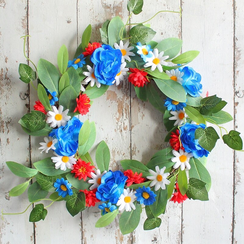 Patriotic Daisy Wreath for 4th of July, Red White Blue Faux Twig Flower Garland, Independence Day Door Wall Hanging Decor
