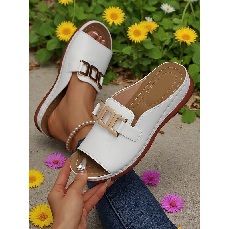 Women's White Faux Leather Slide Sandals with Gold Buckle Casual Style for Garden Walks Vacation and Daily Errands4