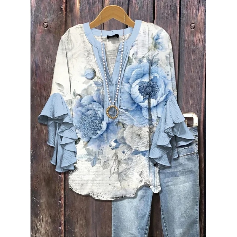 Women's Blouse V Neck Floral Graphic Elegant Bohemia Ethnic 3/4 Length Sleeve Regular Tops Daily Holiday Vacation Wear Ruffle Print Pink Blue Green Khaki Summer Spring Fall