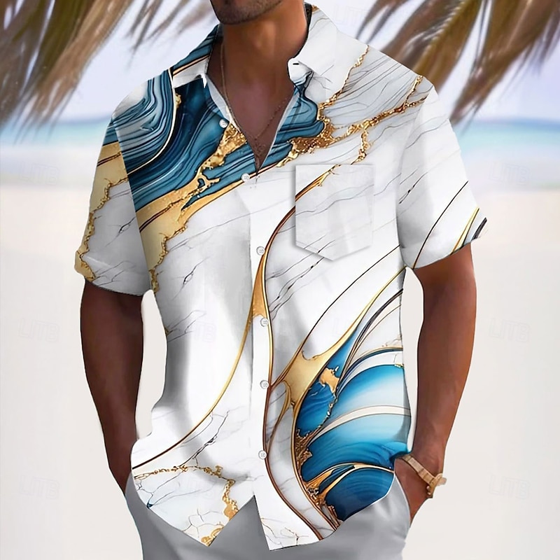 Men's Geometric Waves Abstract Art Shirt Summer Shirt Button Up Shirt Short Sleeve Fashion Casual Outdoor Vacation Dailywear Summer Spring Turndown 3D Print Collared Shirts Front One Pocket Blue