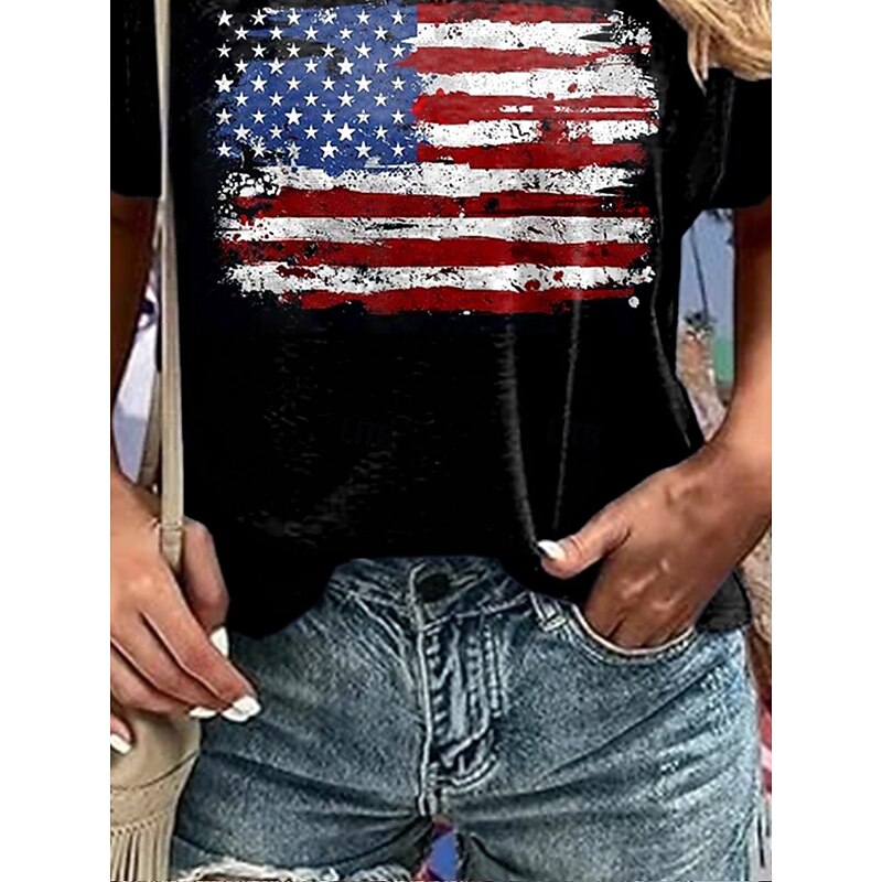 Women's Patriotic  T Shirt Graphic American Flag Vintage Stylish Classic Short Sleeve V Neck Regular Tops Daily Weekend Print Black Summer Spring3