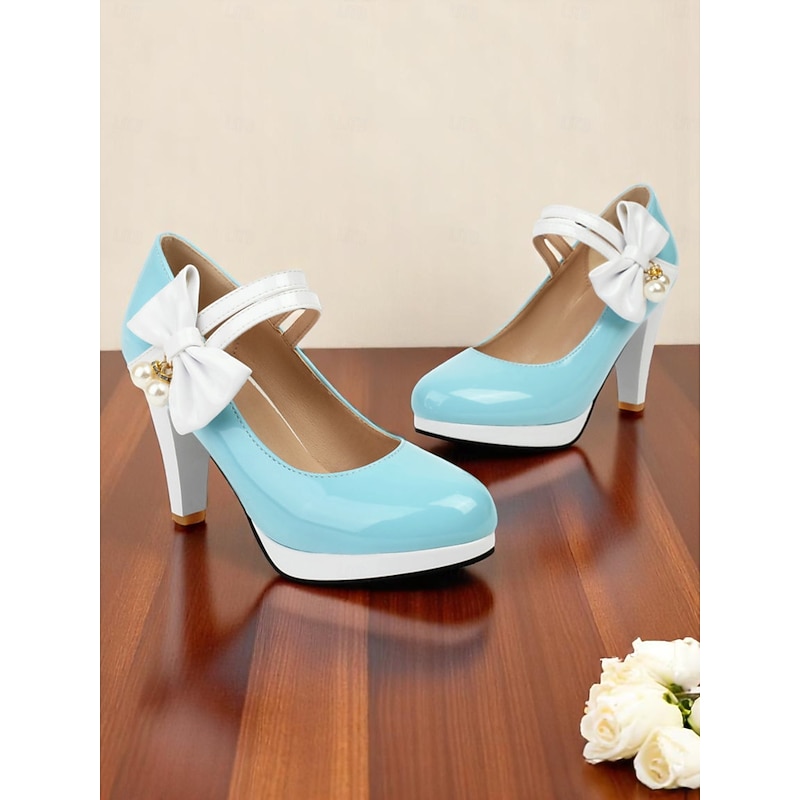Women's 1950s Vintage  Blue Patent Leather Heels with White Bow and Pearl Detail – Retro Platform Pumps for Parties, Weddings, and Daily Elegance4