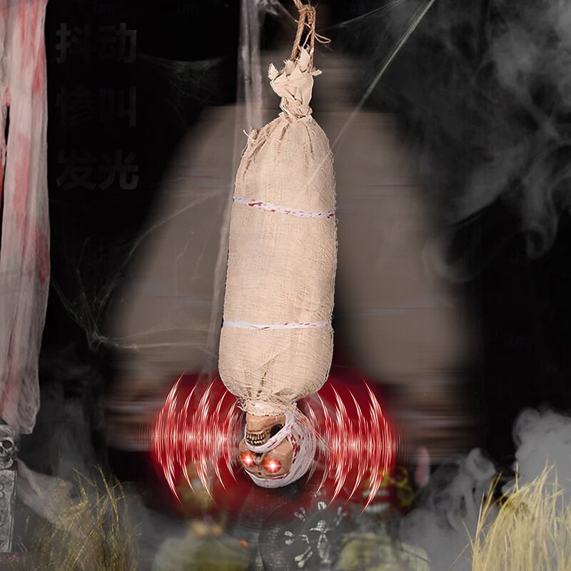 Shaking Corpse Motion Animated Hanging Cocoon Corpse Decoration, Activated Decor for Halloween, Jump Scare Creepy Mummy Red Glowing Eyes & Activated Voice, Adorned Indoor & Outdoor
