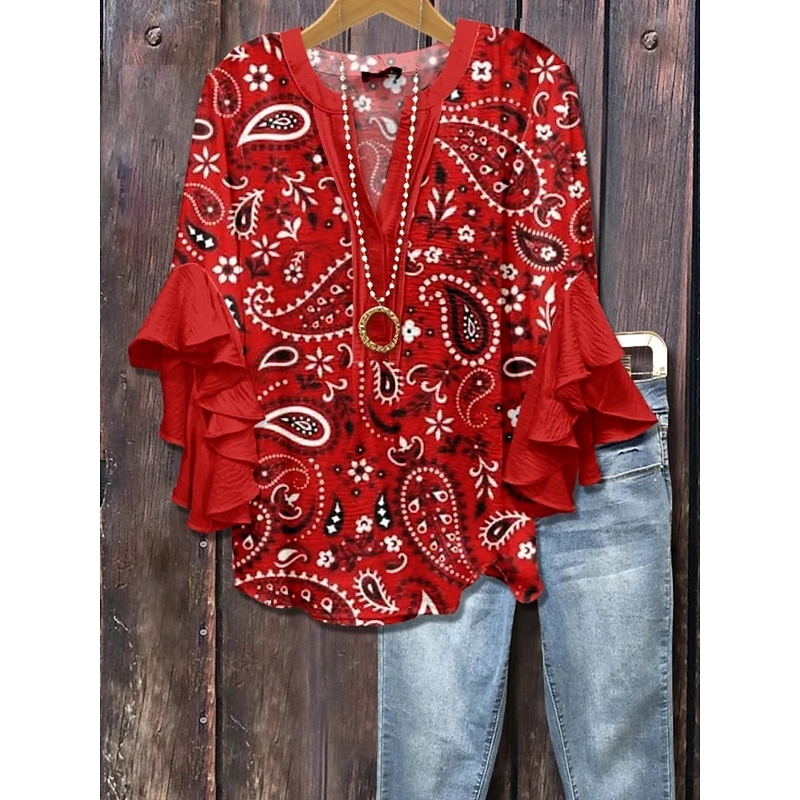 Women's Shirt Floral Paisley Ethnic 3/4 Length Sleeve V Neck Regular Tops Daily Holiday Ruffle Print Pink Wine Summer3