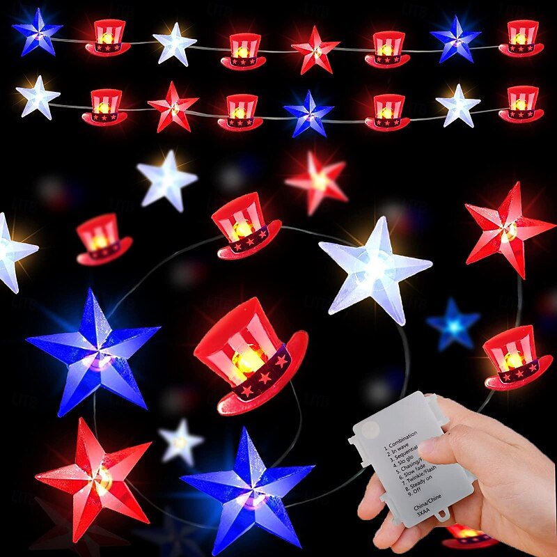 1 Pc 5M-50 LED Patriotic String Lights Pentagram US Flag Hat Light String July 4th US Independence Day Indoor and Outdoor Party Atmosphere String AAA Waterproof Battery Box Remote Control3