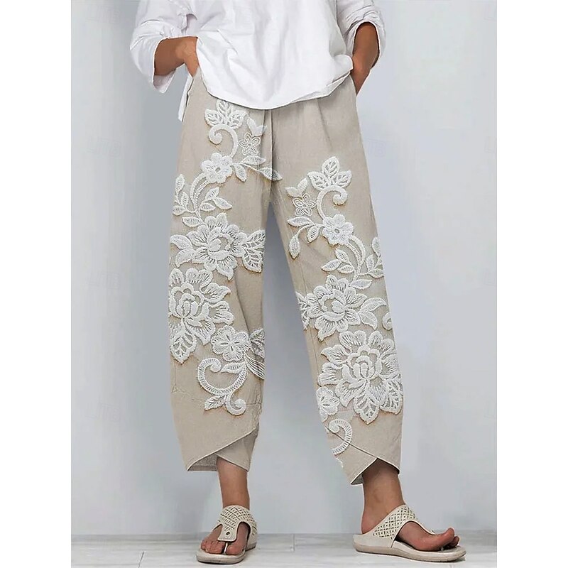 Women's Chinos Baggy Pants Vacation Vintage Ethnic Style Ankle-Length High Waist Floral Graphic 3D Drawstring Patchwork Embroidered Breathable Micro-elastic Vacation Street Causal rice white White