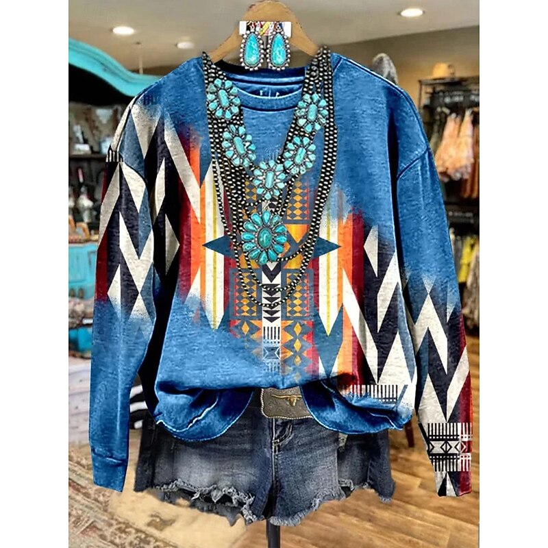 Women's Sweatshirts Graphic Geometric Casual Long Sleeve Crew Neck Regular Tops Street Dailywear Print Blue Orange Brown Fall Winter