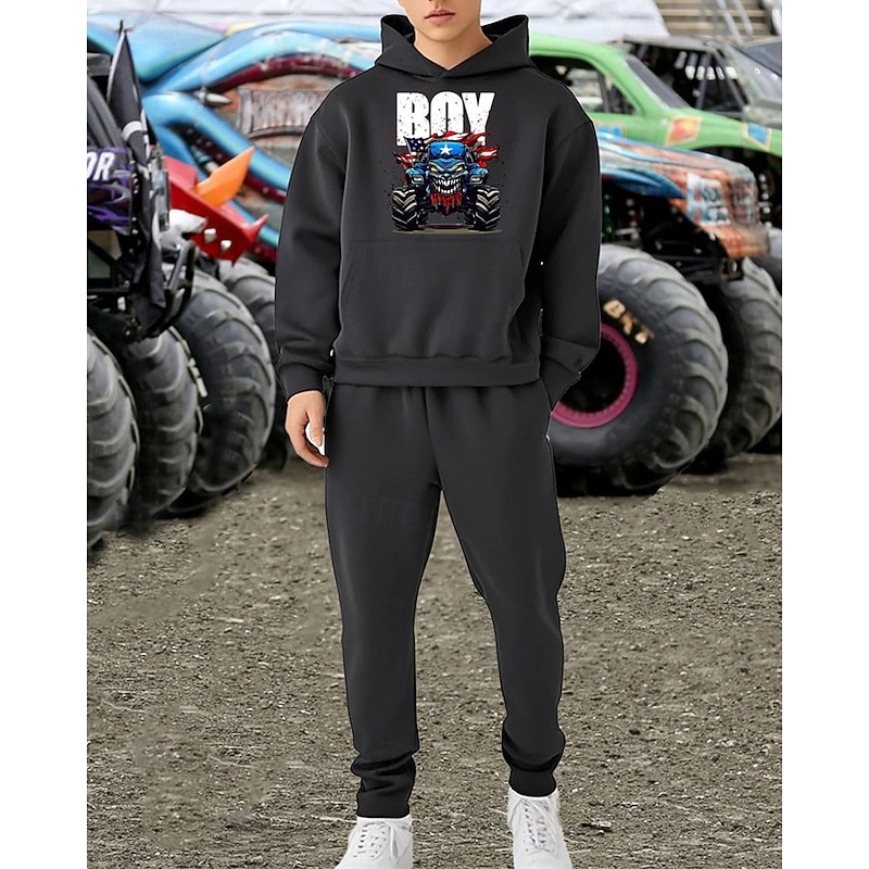 Boys' 3D Car Hoodie & Sweatpants Set Sports Suit Tracksuits Long Sleeve Spring Fall Daily Basic Casual Kids 4-12 Years Hooded Outdoor Vacation Sports Tailored Fit