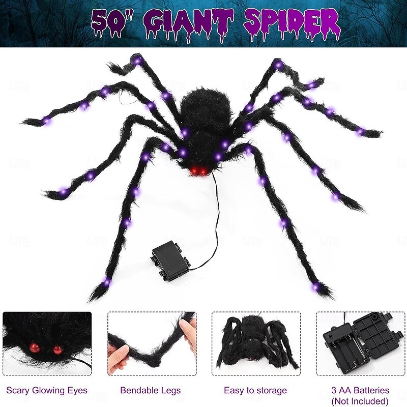 Halloween Decoration Spider with LED Purple Lights, Outdoor Halloween Spider Decorations, Black Hairy Scary Realistic Spider Props for Yard, Home, Party Creepy Decor3