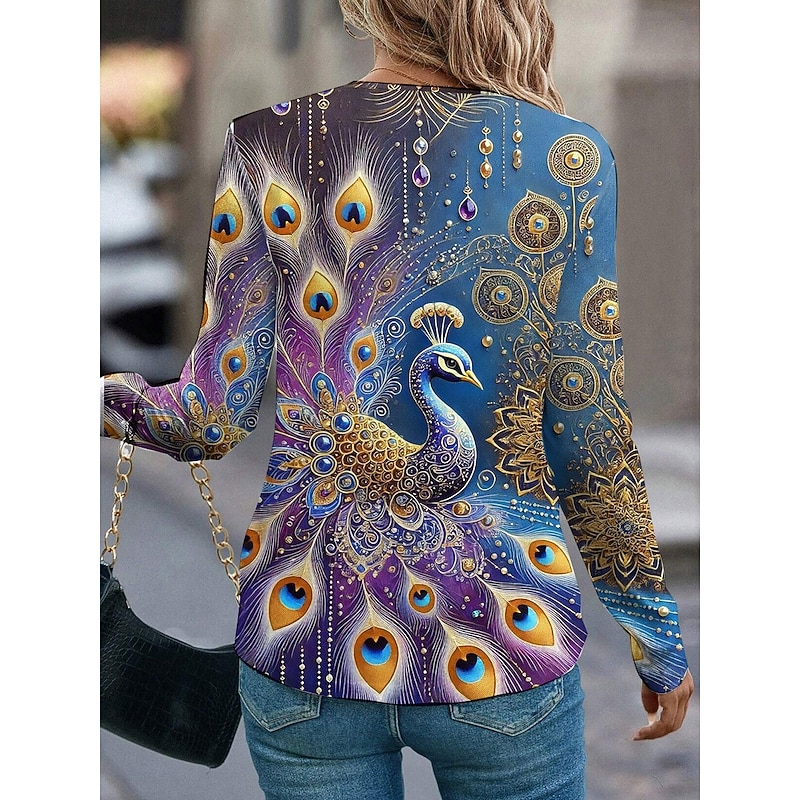 Women's T shirt Long Sleeve Crew Neck Long Sleeve Tunic Graphic Animal Bird Vintage Stylish Classic Regular Tops Daily Weekend Print Blue Green  Prefall4