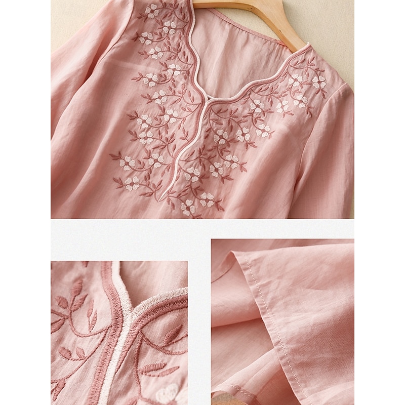 Women's Cotton Linen Shirts Solid Color Stylish Basic Casual 3/4 Length Sleeve V Neck Regular Tops Daily Embroidered Light Green Pink Purple Khaki Summer3