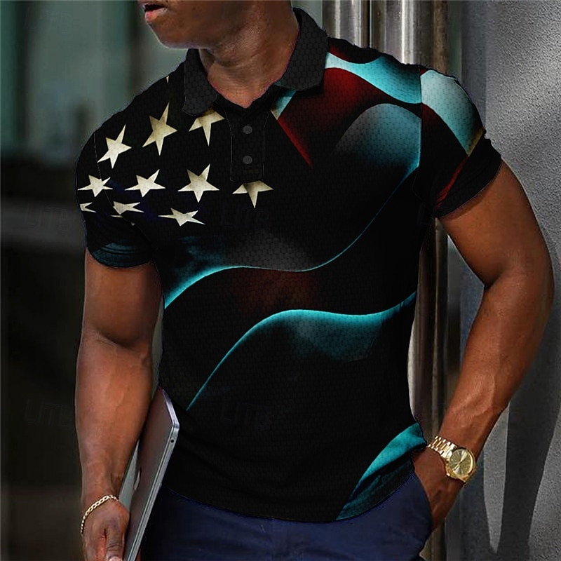 Men's American Flag Veterans Waffle Polo Shirts Golf Shirt Short Sleeve Polo Shirts Collared Shirts Casual Streetwear Vacation Wear Party Outfits Buttons 3D Print White Red Blue