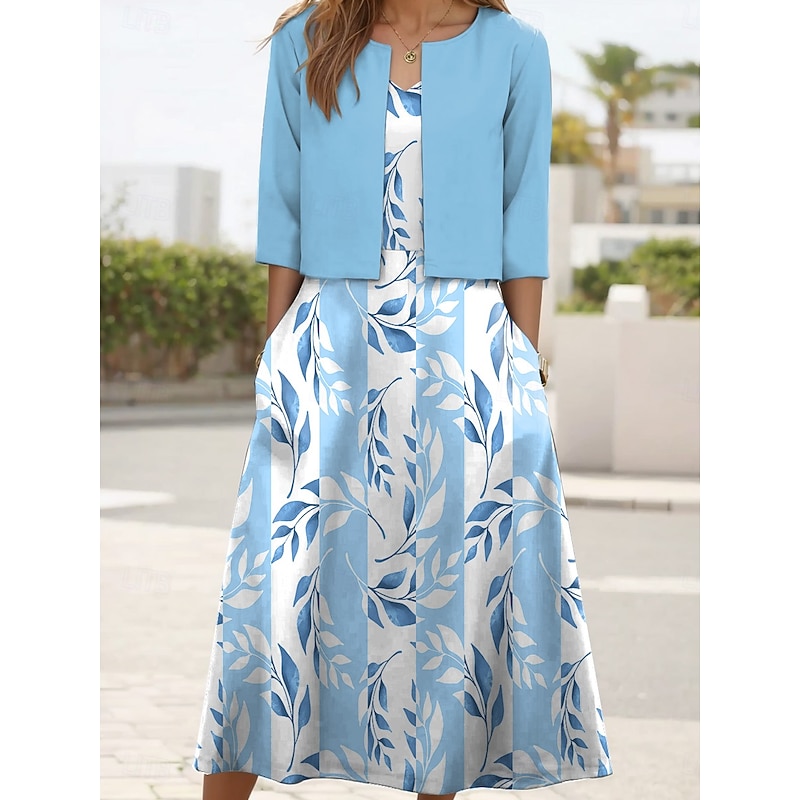 Women's Two Piece Dress Sets Midi Dress with Jacket Elegant A Line Dress Half Sleeve Fit And Flare Dress Party Formal Floral Print V Neck Formal Pink Blue Green Regular Fit