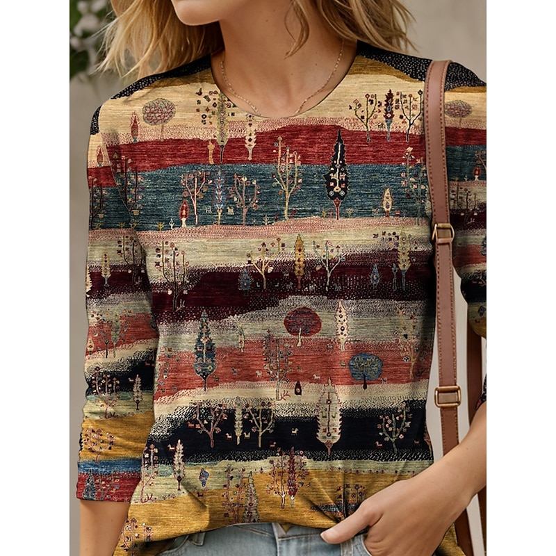 Women's T shirt Long Sleeve Crew Neck Long Sleeve Tunic Graphic Geometric Striped Elegant Vintage Round Neck Regular Tops Daily Going out Weekend Print Yellow Red Blue Purple Green Prefall2