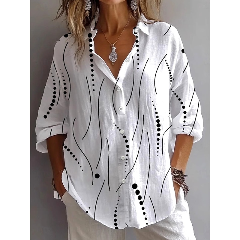 Women's Shirt Button Down Tunic Shirt Collar Long Sleeve Graphic Polka Dot Vintage Tropical Stylish Regular Tops Daily Holiday Going out s White Pink Blue Khaki Spring