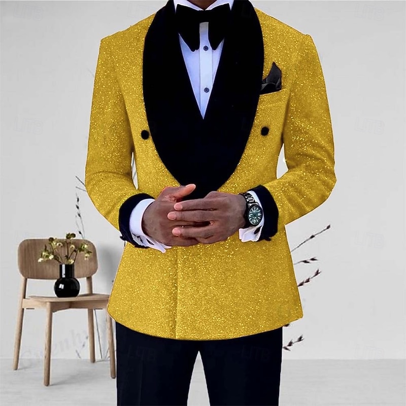 Men's Party Mardi Gras Suits Shawl Collar Silver Black Solid Colored Tailored Fit 2 Piece Single Breasted One-button