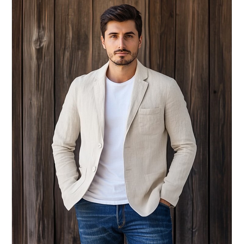 Men Linen Blazer Sport Coat Vacation Casual Fashion Daily Spring & Summer Linen Cotton And Linen Solid Color Comfy Single Breasted Two-button Blazer Beige2