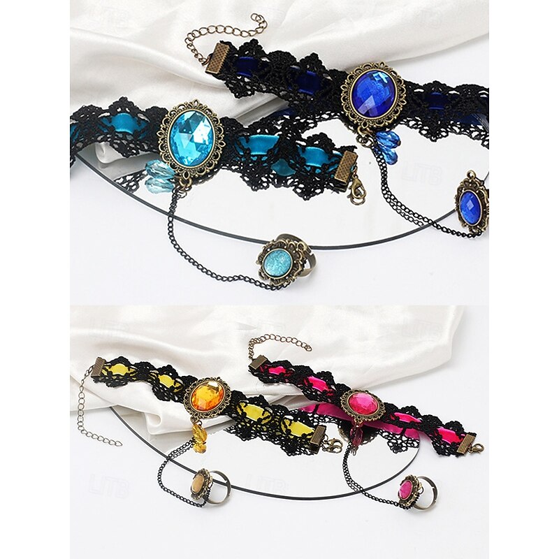 Women's Gothic Lace Bracelet Ring Set with Red Gemstone, Vintage Chain Hand Jewelry for Halloween Party, Cosplay and Retro Style Outfits4