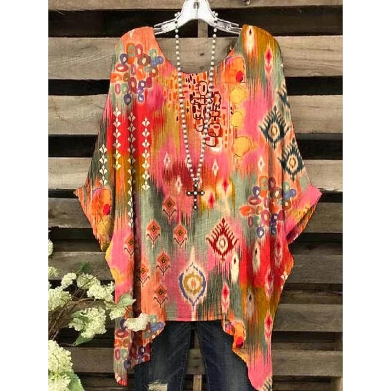Women's Boho Shirt Graphic Abstract Elegant Bohemia Active Short Sleeve Batwing Sleeve Crew Neck Regular Tops Daily Holiday Beach Wear Yellow Blue Purple Fuchsia Orange Summer Spring
