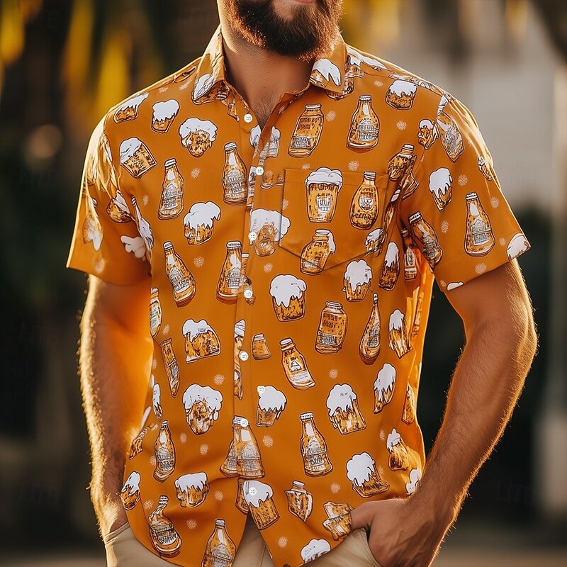 Men's Floral Print Oktoberfest Beer Flowers Shirt Summer Shirt Button Up Shirt Short Sleeve Fashion Casual Outdoor Holiday Summer Spring Turndown 3D Print Collared Shirts Front One Pocket White Orange2