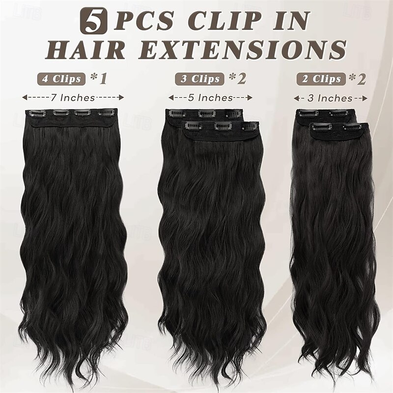 20 Inch Wavy Clip in Hair Extensions  5PCS Thick Soft Synthetic Hairpieces  Natural Black Full Head Clip in Hair Extensions for Women  Long Voluminous Easy Wear for Daily Party Halloween2