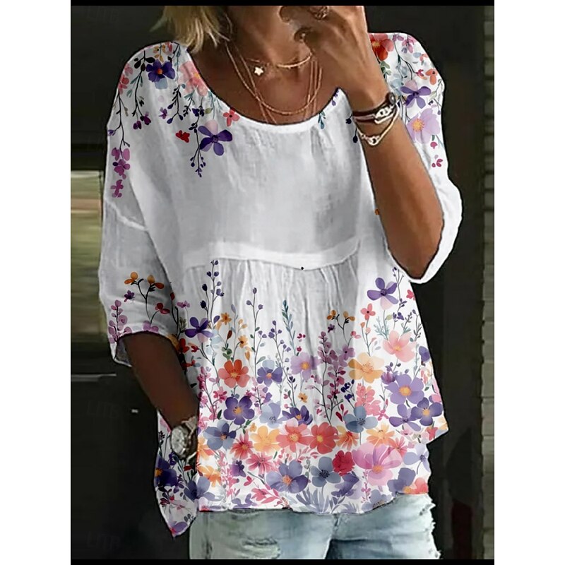 Women's Blouse Floral Stylish 3/4 Length Sleeve Crew Neck Regular Tops Daily Holiday Print White Yellow Light Green Pink Blue Summer