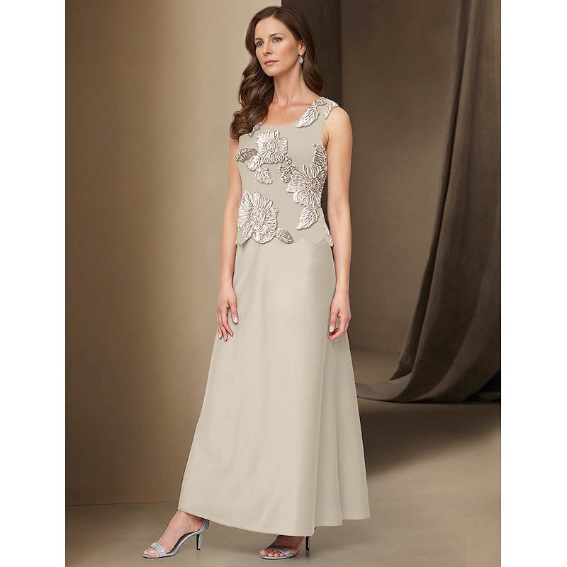 A-Line 3 Piece Mother of the Bride Dress Elegant Simple Casual Boat Neck Ankle Length Chiffon Long Sleeve with Lace3