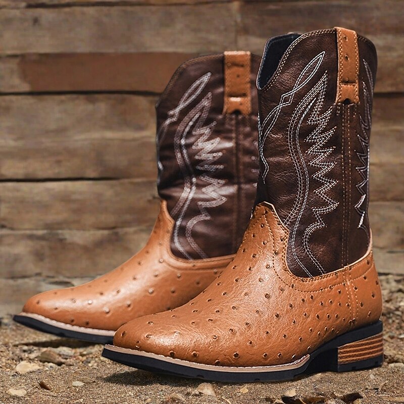 Men's Brown Faux Leather Cowboy Boots with Embroidered Detailing – Classic Western Style for Casual Wear, Rodeos and Outdoor Events