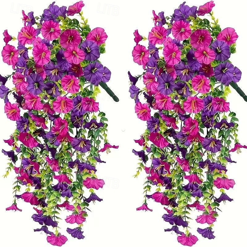 2PCS UV Resistant Artificial Morning Glory Hanging Flowers, Vibrant Purple and Red-Purple Plastic Faux Flowers for Porch, Garden, Wedding and Outdoor Decor, Weatherproof and Realistic Floral Decoration