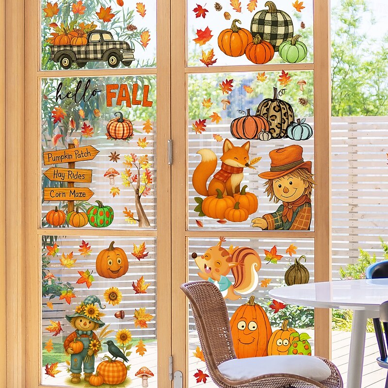 9 Sheets Fall Window Cling Thanksgiving Sticker Decals Decorations Double Side, Scarecrow Hedgehog Maple Leaf Pumpkin Static Stickers for Glass Window Autumn Harvest Home Decor2