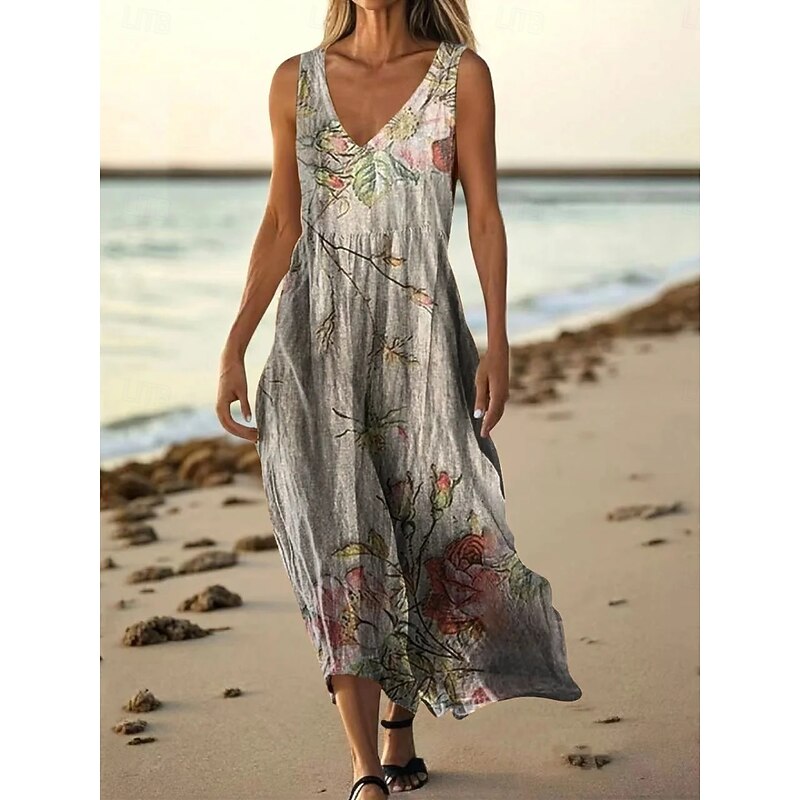Women's Long Dress Maxi Dress Casual Dress Tank Dress Summer Dress Vintage African Daily Holiday Beach Regular Fit Floral Sleeveless V Neck Yellow Blue Orange Light Grey Summer4