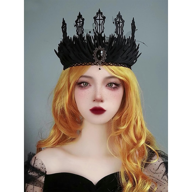 Women's Gothic Black Lace Crown Headband with Gem Pendant, Halloween Party Queen Tiara, Vintage Style Costume Accessory for Adults3