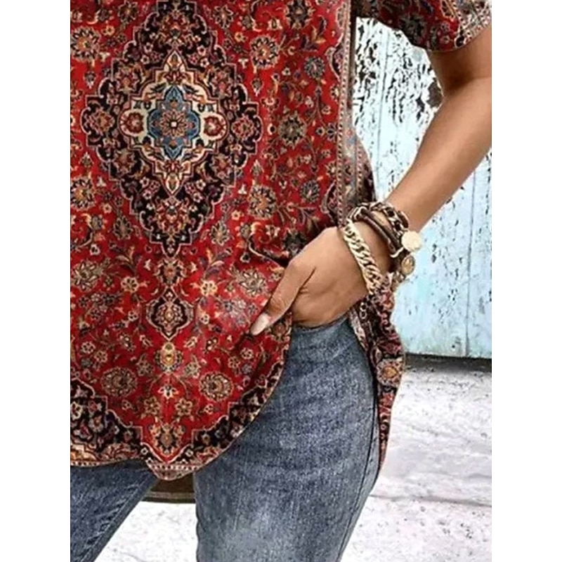 Women's T Shirt Graphic Paisley Plants Bohemia Vintage Fashion Short Sleeve V Neck Regular Tops Daily Going out Weekend Print Maroon Summer Spring3
