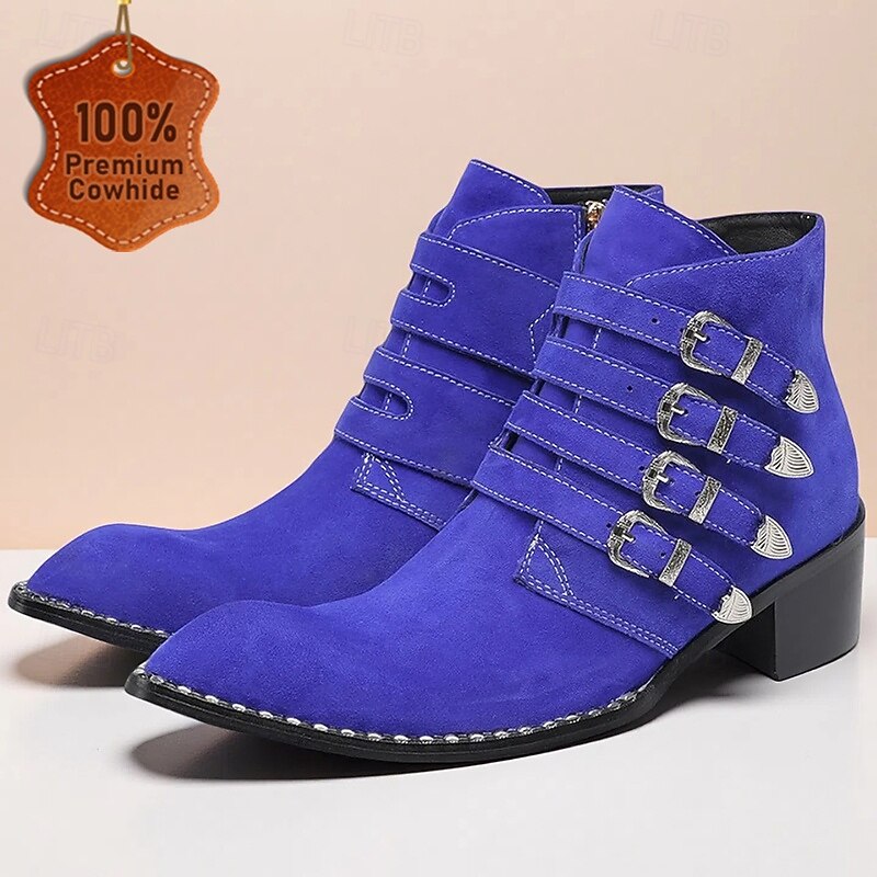 Men's Blue Genuine Cowhide Leather Biker Boots with Buckle Straps – Stylish Retro Boots for Casual, Street Style and Nightlife