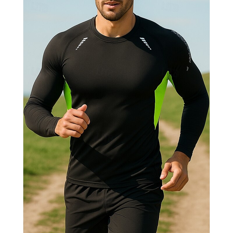 Men's Running Shirt Tennis Shirt Slim Long Sleeve Tee Tshirt Color Block Quick Dry Lightweight Elastic Breathable Tennis Golf Running Sportswear Activewear Green Gray
