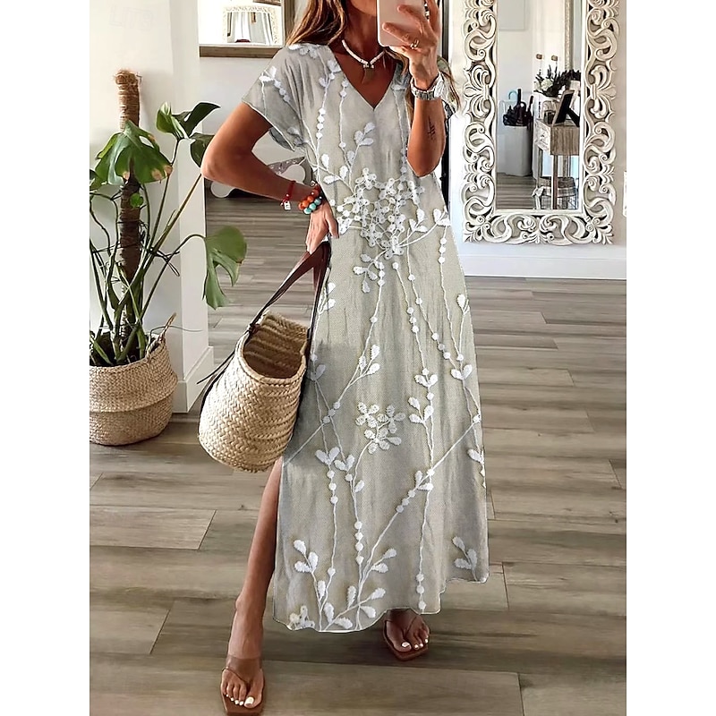 Women's Maxi Dress Casual Dress Sundress A Line Dress Elegant Vacation Casual Beach Regular Fit Floral Graphic Short Sleeve V Neck Light Green Gray Summer Spring4