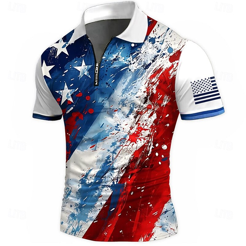 American Independence Day Men's American US Flag Zip Polo Shirts Short Sleeve Polo Shirts Collared Shirts Casual Athleisure Daily Wear 3D Print Summer White Red Blue